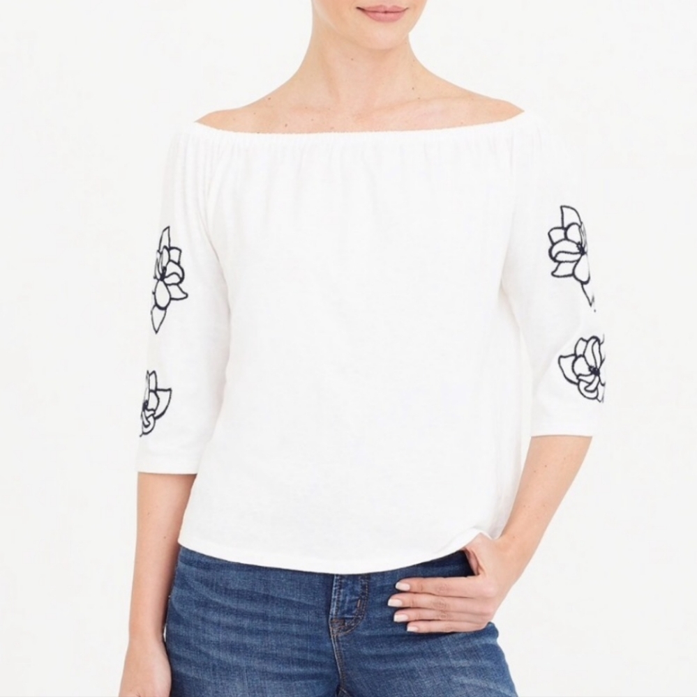 J. Crew Embroidered Sleeve Off the Shoulder Top